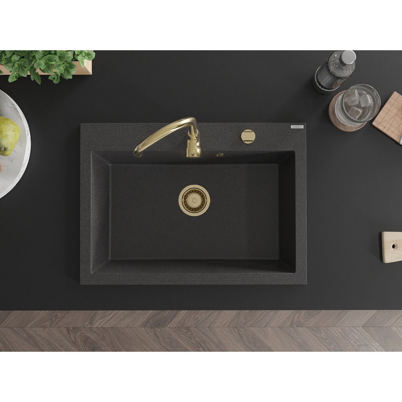 Mexen Elix évier de cuisine en granit 1 bac 700 x 500 mm, noir moucheté, siphon doré - 6526701005-76-G