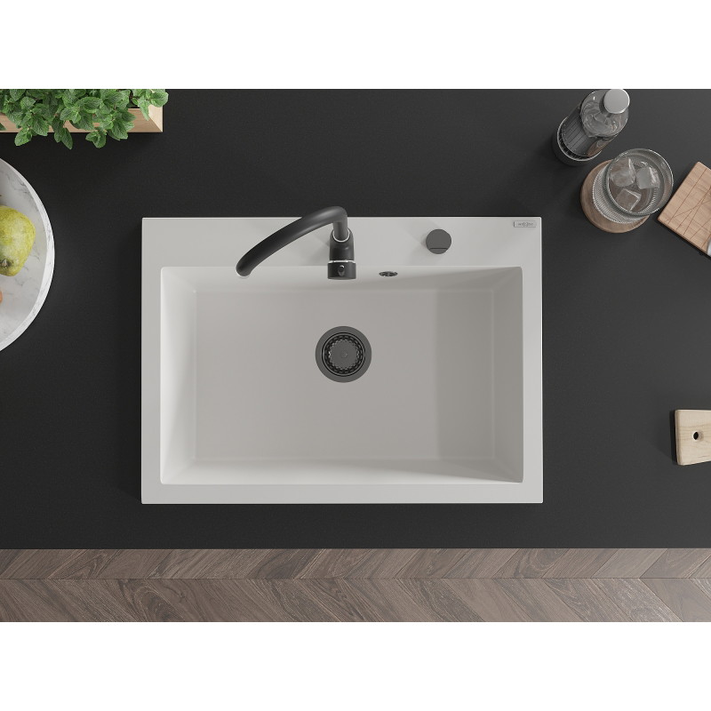 Mexen Elix évier en granit 1 bac 700 x 500 mm, blanc, siphon noir - 6526701005-20-B
