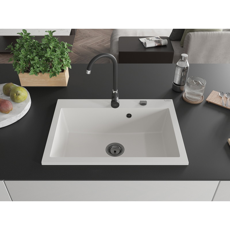 Mexen Elix évier en granit 1 bac 700 x 500 mm, blanc, siphon noir - 6526701005-20-B