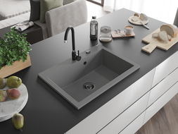 Mexen Elix évier en granit 1 bac 700 x 500 mm, gris, siphon noir - 6526701005-71-B