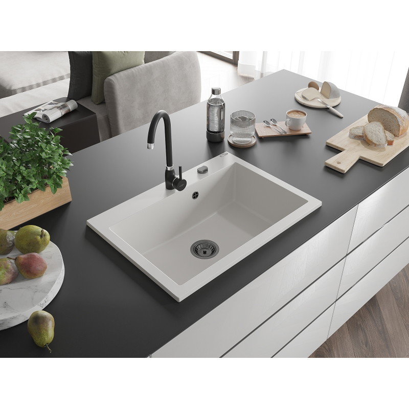 Mexen Elix évier en granit 1 bac 700 x 500 mm, blanc, siphon noir - 6526701005-20-B