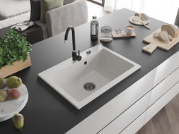 Mexen Elix évier en granit 1 bac 700 x 500 mm, blanc, siphon noir - 6526701005-20-B