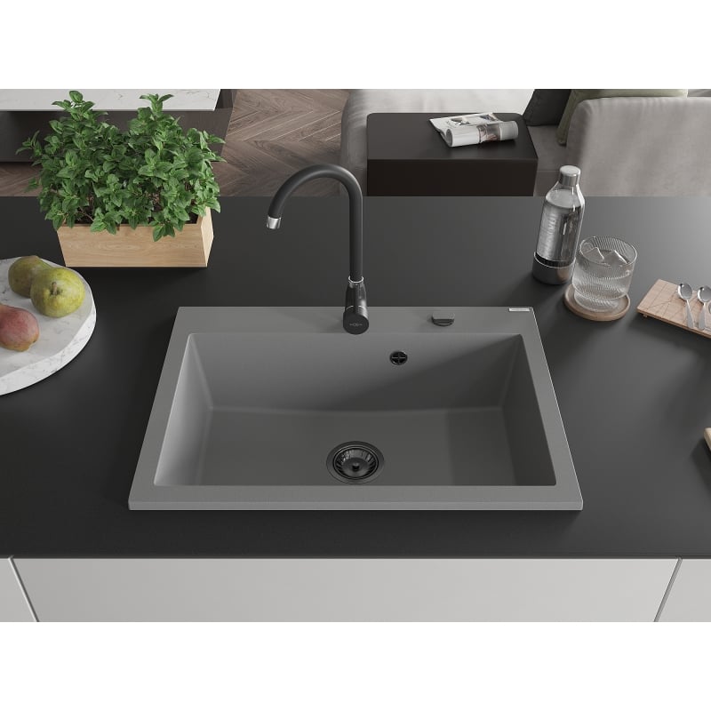 Mexen Elix évier en granit 1 bac 700 x 500 mm, gris, siphon noir - 6526701005-71-B