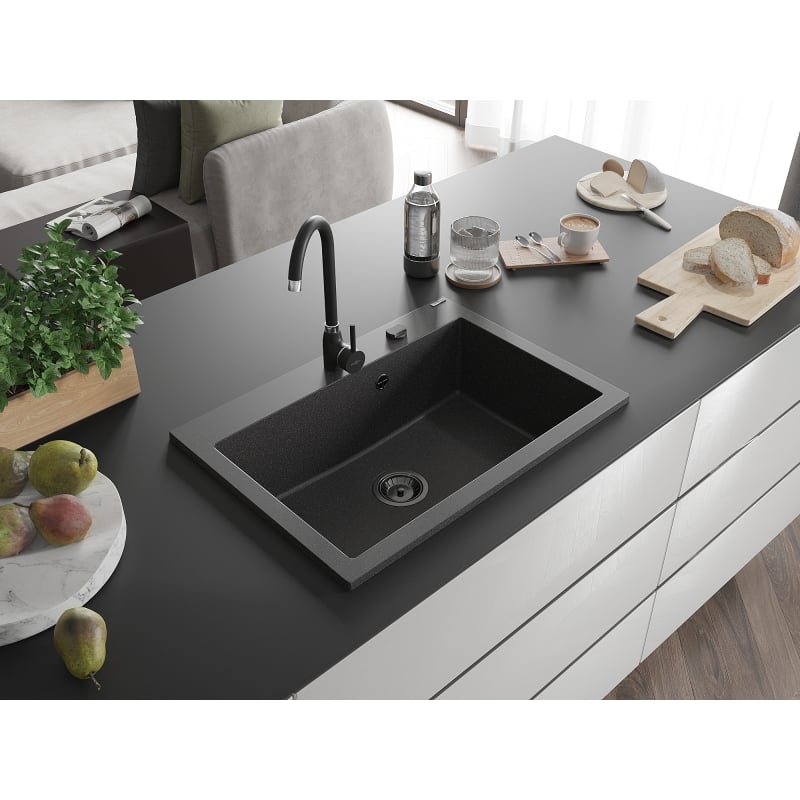 Mexen Elix évier en granit 1 bac 700 x 500 mm, noir moucheté, siphon noir - 6526701005-76-B