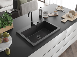 Mexen Elix évier en granit 1 bac 700 x 500 mm, noir moucheté, siphon noir - 6526701005-76-B