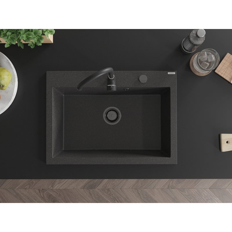 Mexen Elix évier en granit 1 bac 700 x 500 mm, noir moucheté, siphon noir - 6526701005-76-B