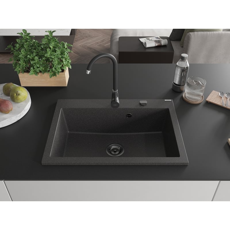 Mexen Elix évier en granit 1 bac 700 x 500 mm, noir moucheté, siphon noir - 6526701005-76-B