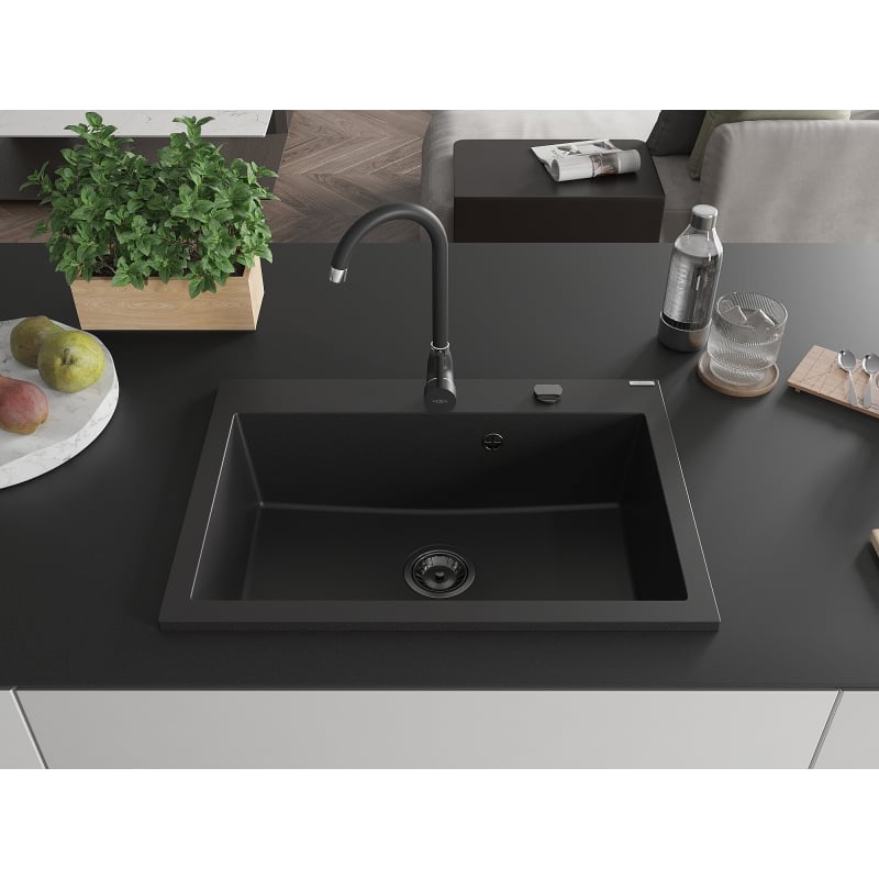 Mexen Elix évier en granit 1 bac 700 x 500 mm, noir, siphon noir - 6526701005-77-B