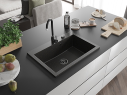 Mexen Elix évier en granit 1 bac 700 x 500 mm, noir/doré métallisé, siphon noir - 6526701005-75-B