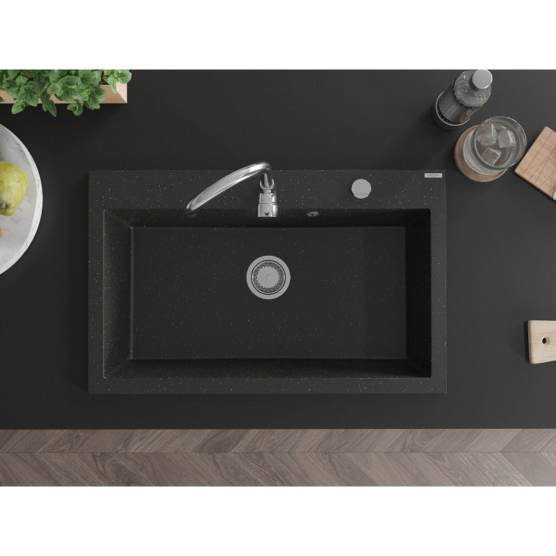Mexen Elix évier en granit 1-bac 800 x 500 mm, noir/doré métallisé, siphon chrome - 6527801005-75
