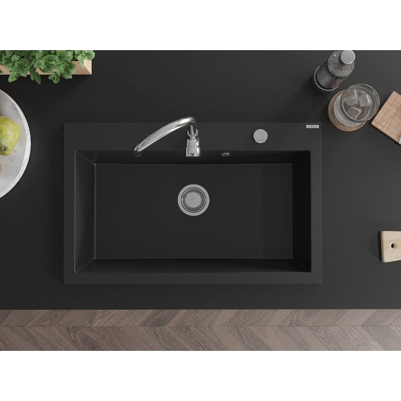 Mexen Elix évier en granit 1 bac 800 x 500 mm, noir, siphon chromé - 6527801005-77