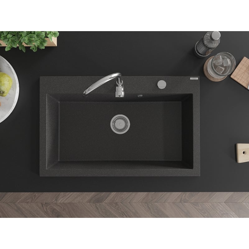 Mexen Elix évier en granit 1 bac 800 x 500 mm, noir moucheté, siphon chromé - 6527801005-76