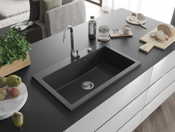 Mexen Elix évier en granit 1 bac 800 x 500 mm, noir moucheté, siphon chromé - 6527801005-76
