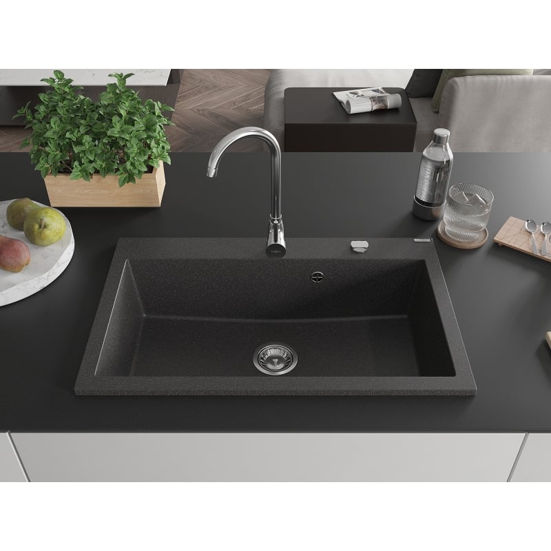 Mexen Elix évier en granit 1 bac 800 x 500 mm, noir moucheté, siphon chromé - 6527801005-76