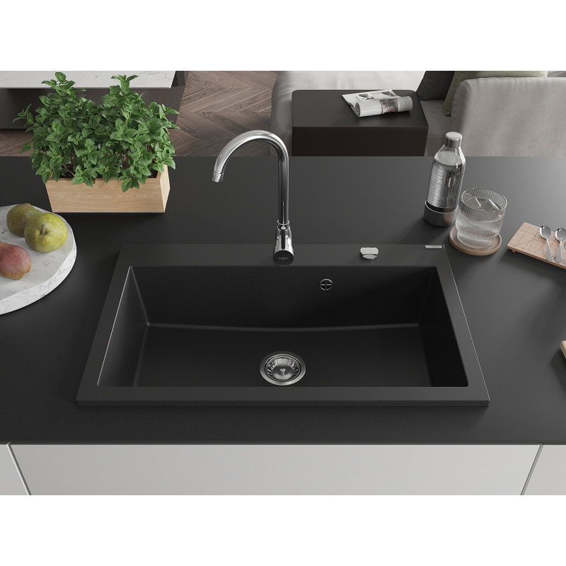 Mexen Elix évier en granit 1 bac 800 x 500 mm, noir, siphon chromé - 6527801005-77
