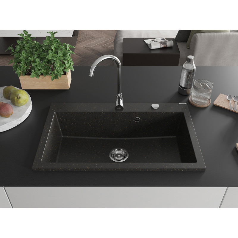 Mexen Elix Évier en granit 1 bac 800 x 500 mm, noir/doré métallique, siphon chromé - 6527801005-75