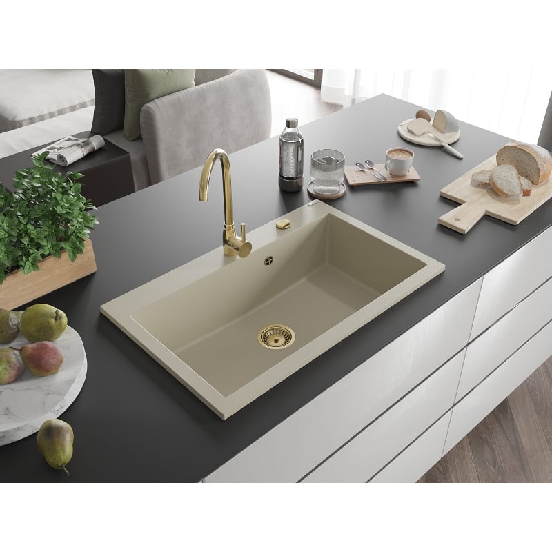Mexen Elix évier en granit 1 bac 800 x 500 mm, beige, siphon doré - 6527801005-69-G