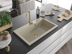 Mexen Elix évier de cuisine 1 bac en granit 800 x 500 mm, beige, bonde dorée - 6527801005-69-G