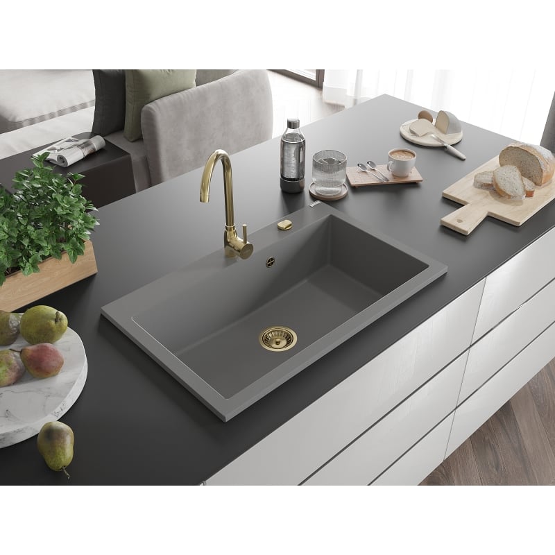Mexen Elix évier en granit 1 bac 800 x 500 mm, gris, siphon doré - 6527801005-71-G
