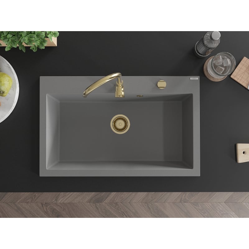 Mexen Elix évier en granit 1 bac 800 x 500 mm, gris, siphon doré - 6527801005-71-G