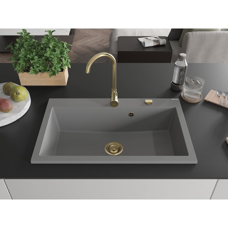 Mexen Elix évier en granit 1 bac 800 x 500 mm, gris, siphon doré - 6527801005-71-G