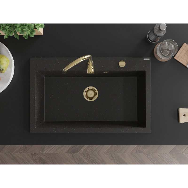 Mexen Elix évier en granit 1 bac 800 x 500 mm, noir/or métallique, siphon doré - 6527801005-75-G