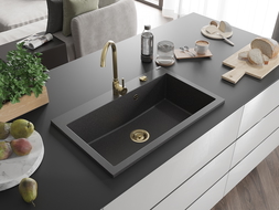 Mexen Elix évier en granit 1 bac 800 x 500 mm, noir tacheté, siphon doré - 6527801005-76-G