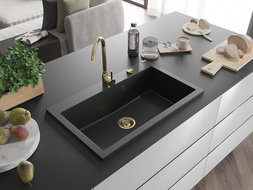 Mexen Elix évier en granit 1 bac 800 x 500 mm, noir, siphon doré - 6527801005-77-G