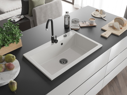 Mexen Elix évier en granit à 1 bac 800 x 500 mm, blanc, siphon noir - 6527801005-20-B