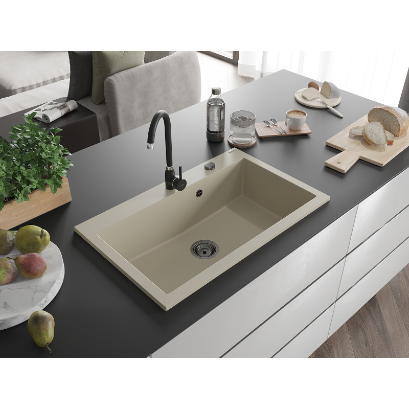 Mexen Elix évier en granit 1 bac 800 x 500 mm, beige, siphon noir - 6527801005-69-B