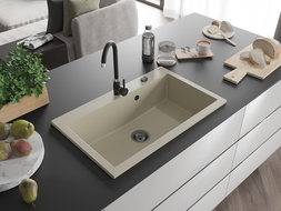 Mexen Elix évier en granit 1-bac 800 x 500 mm, beige, siphon noir - 6527801005-69-B