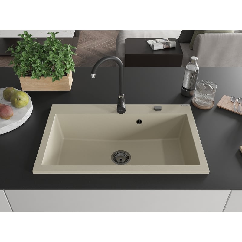 Mexen Elix évier en granit 1 bac 800 x 500 mm, beige, siphon noir - 6527801005-69-B