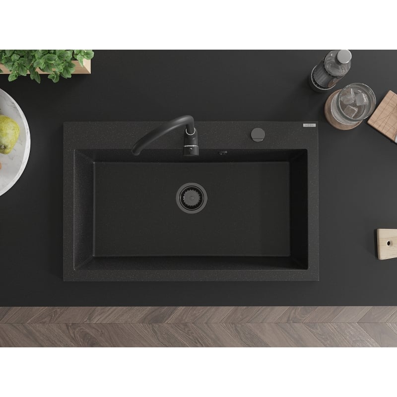 Mexen Elix évier en granit 1 bac 800 x 500 mm, noir/argent métallique, siphon noir - 6527801005-73-B