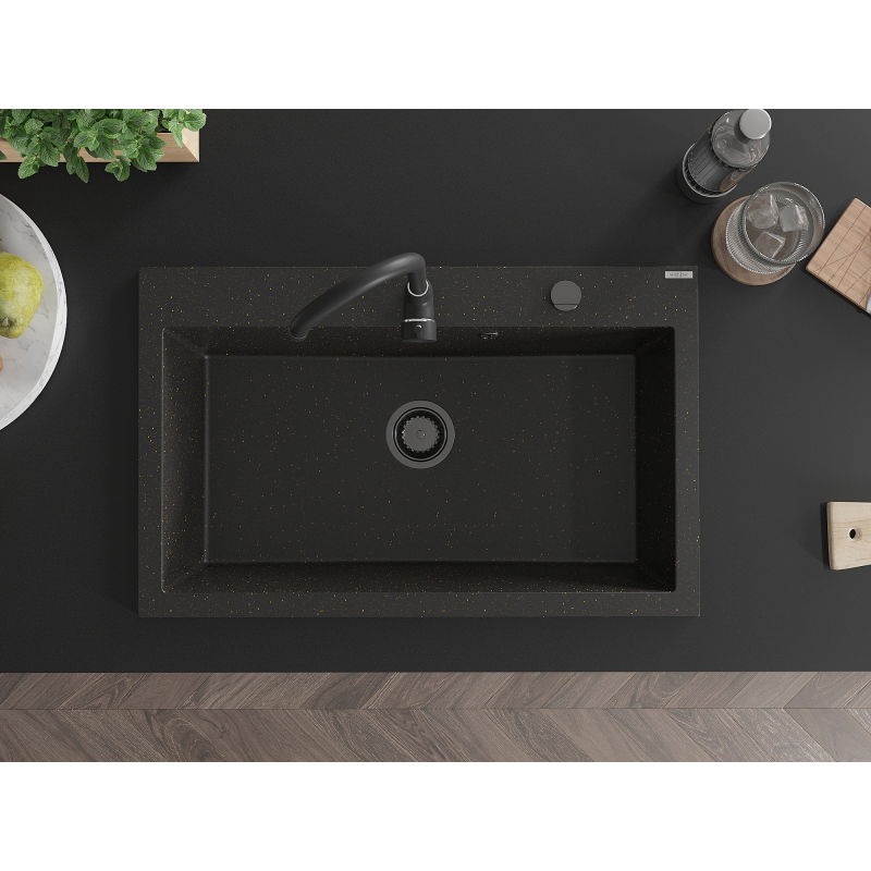 Mexen Elix évier en granit 1 bac 800 x 500 mm, noir/doré métallique, siphon noir - 6527801005-75-B