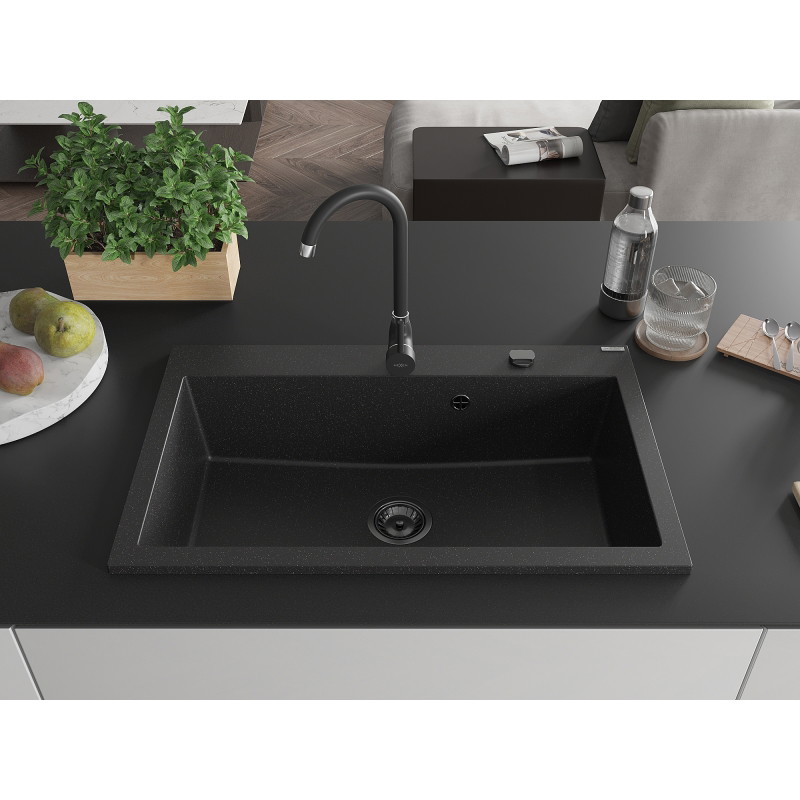 Mexen Elix évier en granit 1 bac 800 x 500 mm, noir/argent métallique, siphon noir - 6527801005-73-B
