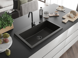 Mexen Elix évier en granit 1 bac 800 x 500 mm, noir/doré métallique, siphon noir - 6527801005-75-B