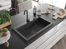 Mexen Elix évier en granit 1 bac 800 x 500 mm, noir moucheté, siphon noir - 6527801005-76-B