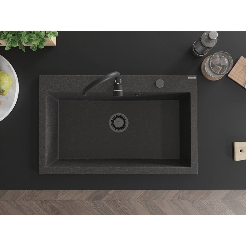 Mexen Elix évier en granit 1 bac 800 x 500 mm, noir moucheté, siphon noir - 6527801005-76-B