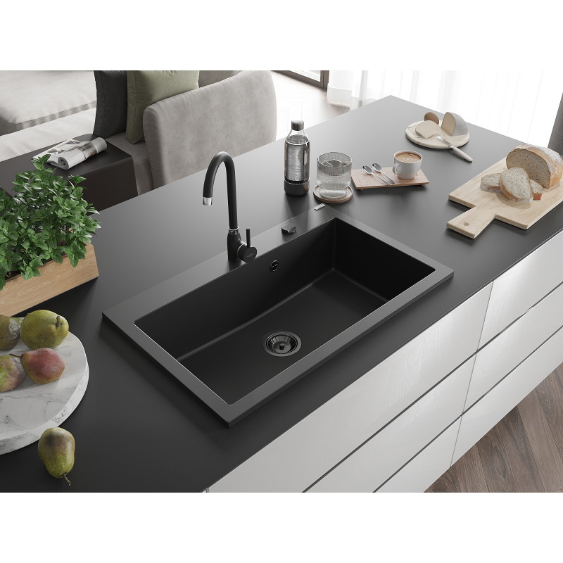 Mexen Elix évier en granit 1 bac 800 x 500 mm, noir, siphon noir - 6527801005-77-B