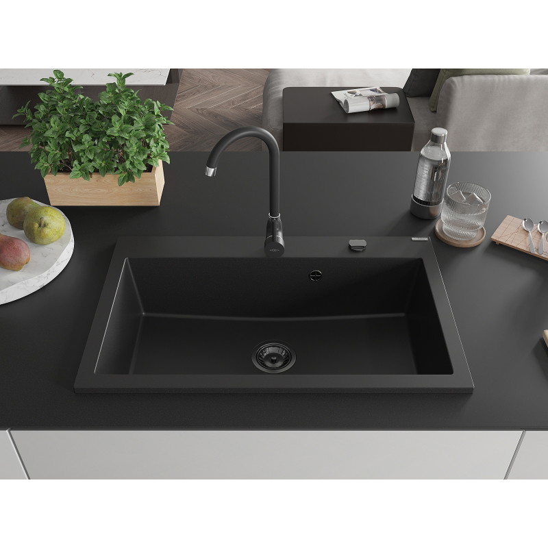 Mexen Elix évier en granit 1 bac 800 x 500 mm, noir, siphon noir - 6527801005-77-B