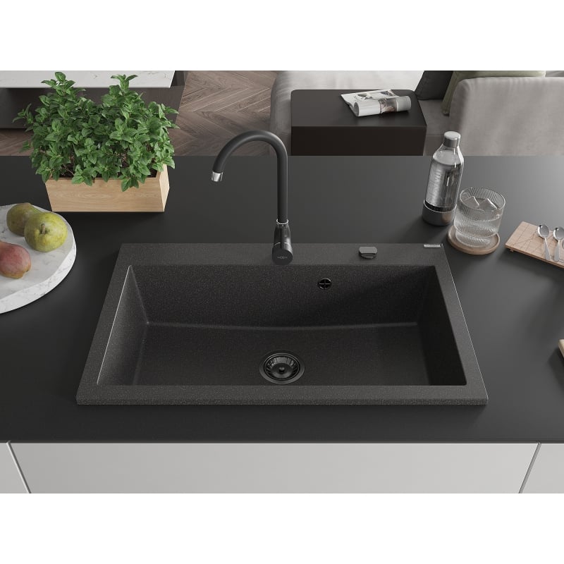 Mexen Elix évier en granit 1 bac 800 x 500 mm, noir moucheté, siphon noir - 6527801005-76-B