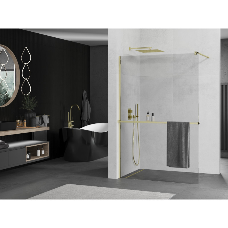 Mexen Kioto+ paroi de douche avec étagère Walk-in 70 x 200 cm, transparent, or - 800-070-121-50-00