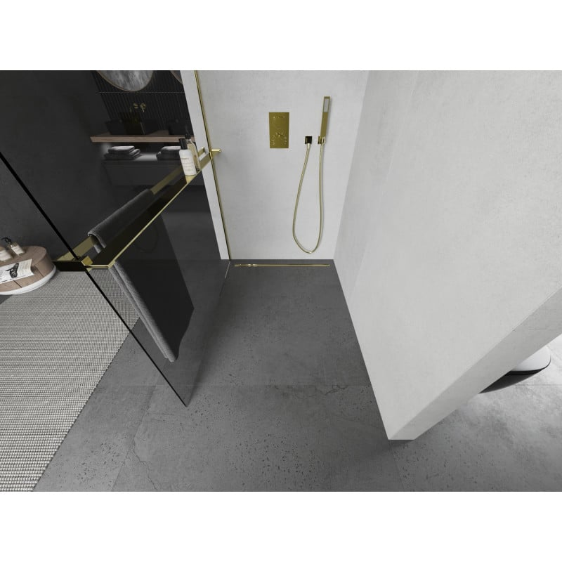 Mexen Kioto+ paroi de douche avec étagère Walk-in 90 x 200 cm, transparent, or - 800-090-121-50-00