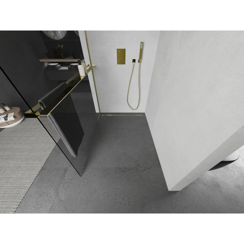 Mexen Kioto+ paroi de douche avec étagère Walk-in 130 x 200 cm, transparent, dorée - 800-130-121-50-00