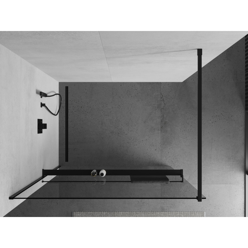 Mexen Kioto+ paroi de douche avec étagère Walk-in 140 x 200 cm, transparente, noire - 800-140-121-70-00