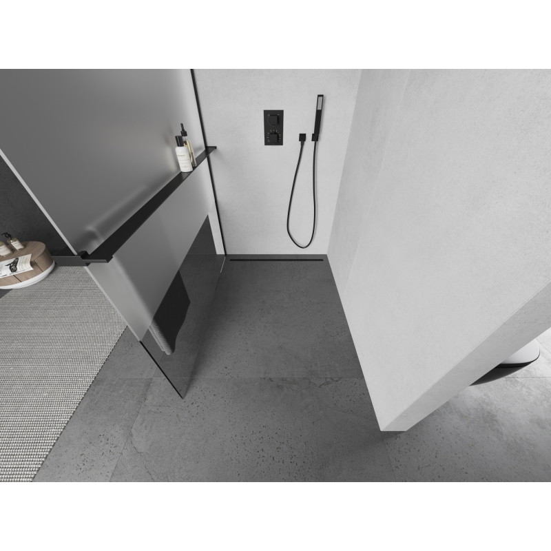 Mexen Kioto+ paroi de douche avec étagère Walk-in 70 x 200 cm, transparent/verre dépoli, noir - 800-070-121-70-35