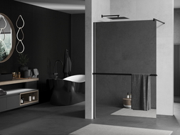 Paroi de douche Mexen Kioto+ avec étagère Walk-in 90 x 200 cm, miroir, noire - 800-090-121-70-50