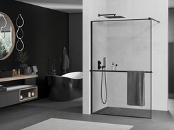 Mexen Kioto+ paroi de douche avec étagère Walk-in 120 x 200 cm, cadre noir, noir - 800-120-121-70-70