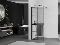 Mexen Kioto+ paroi de douche avec étagère Walk-in 90 x 200 cm, motif grille noire, noir - 800-090-121-70-77