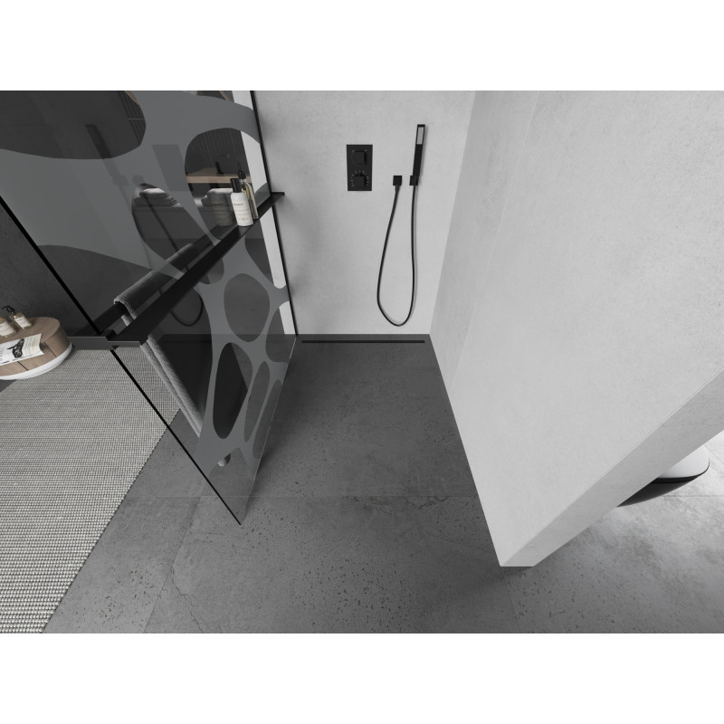 Mexen Kioto+ paroi de douche avec étagère Walk-in 90 x 200 cm, vague blanche, noir - 800-090-121-70-97